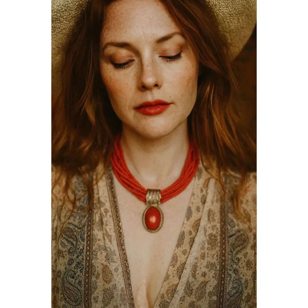 Bold Bohemian-style statement necklace multi strand cabochon pendant.